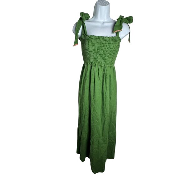 Caryn Lawn Linen Blend Lily Dress Green Midi Smocked Bodice Bow Straps small - Picture 3 of 9